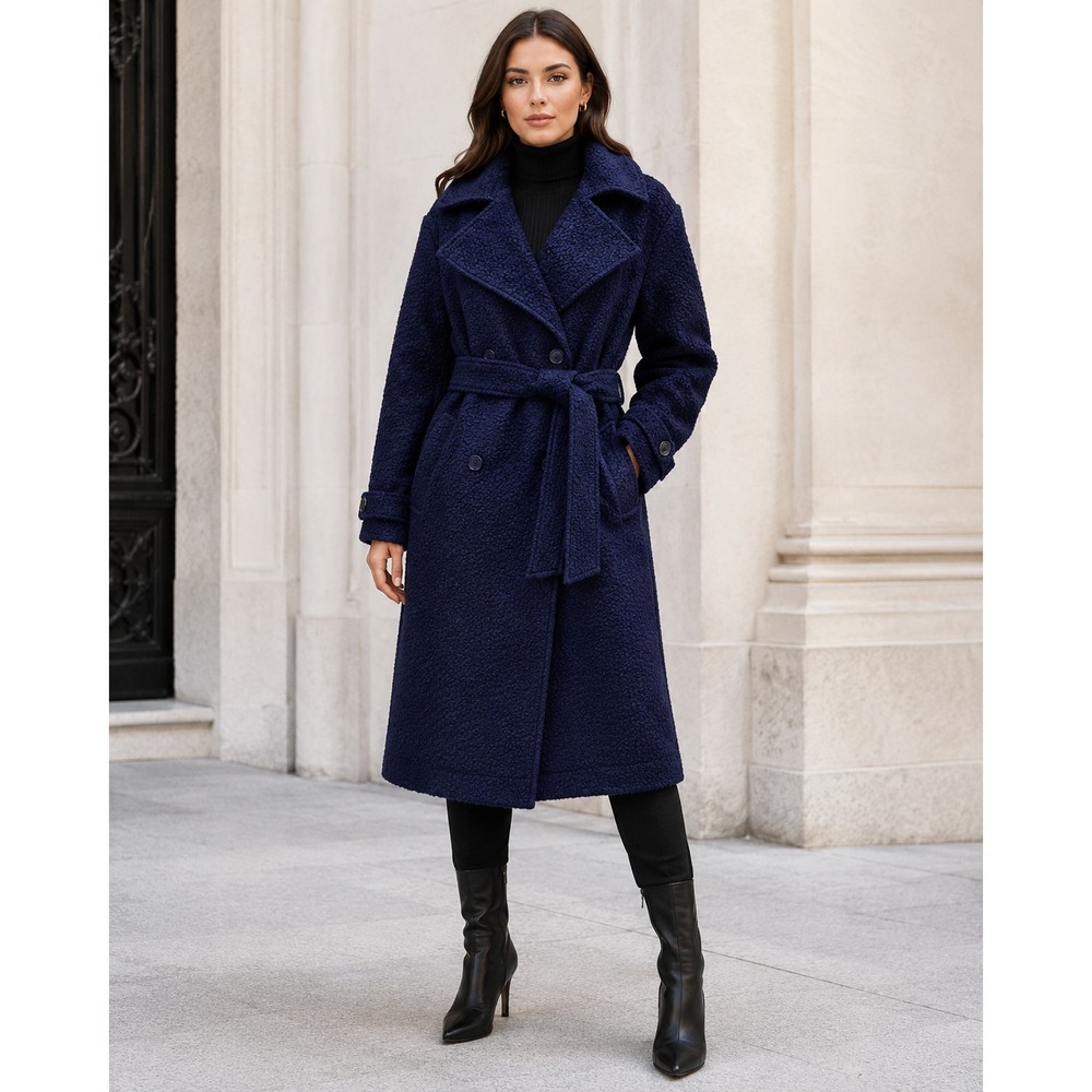 Miss Circle Jaelyn Wool Blend Boucle Coat XS NWT Navy Belted Double Breasted